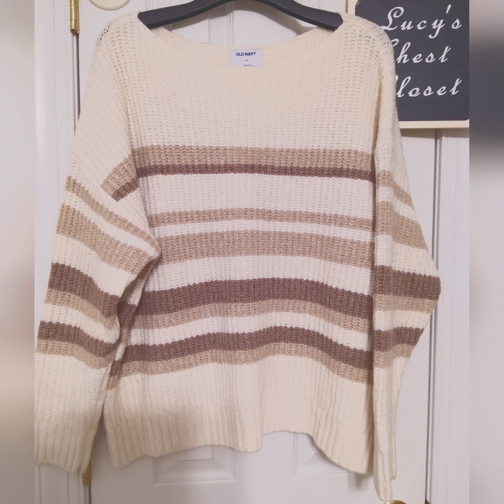 Old Navy Cream and Brown Striped Sweater